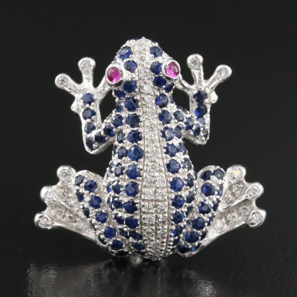 Levian Jewelry - $4950 / NEW / Levian 3D Frog Pendant brooch / Diamond, Sapphire & Ruby